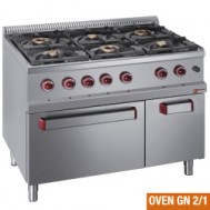  Gasfornuis 6 branders met gasoven GN 2/1 en neutrale kast, 1100x700xh850/920