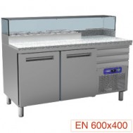  Pizzeria koeltafel, 2 deuren EN 600x400, 3 neutrale laden EN 600x400, gekoelde structuur 6x GN ¼, 1590x700xh880/900-1200