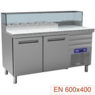  Pizzeria koeltafel, 2 deuren EN 600x400, 3 neutrale laden EN 600x400, gekoelde structuur 6x GN ¼, 1590x700xh880/900-1200